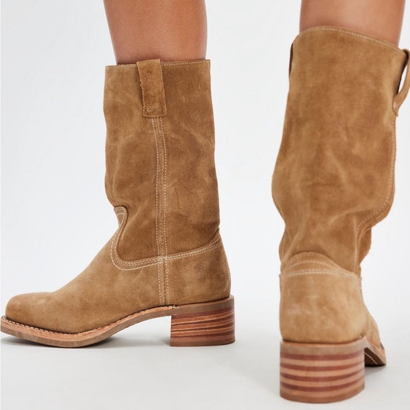 Frye Brown Tan Buck Suede Mid-Calf Heeled Boots - Picture 2 of 8